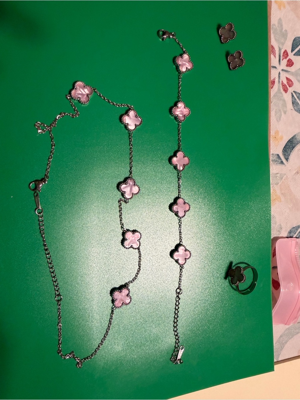 Pink Clover Motif Necklace, Bracelet & Ring Set - Women Jewelry